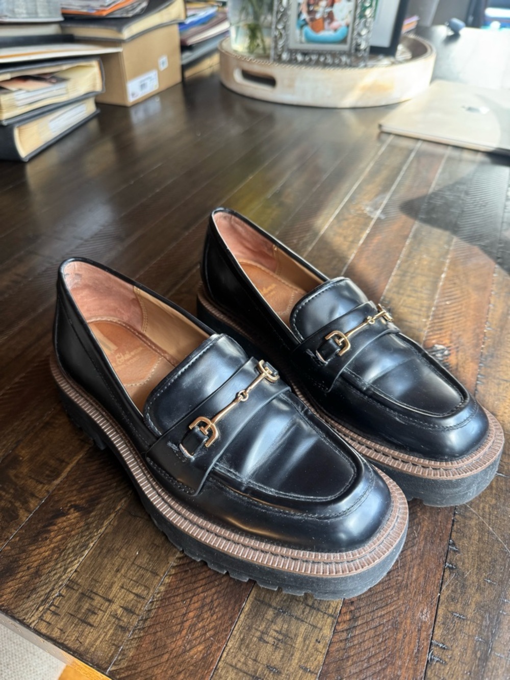 Sam Edelman Black Leather Platform Loafers with Gold Hardware